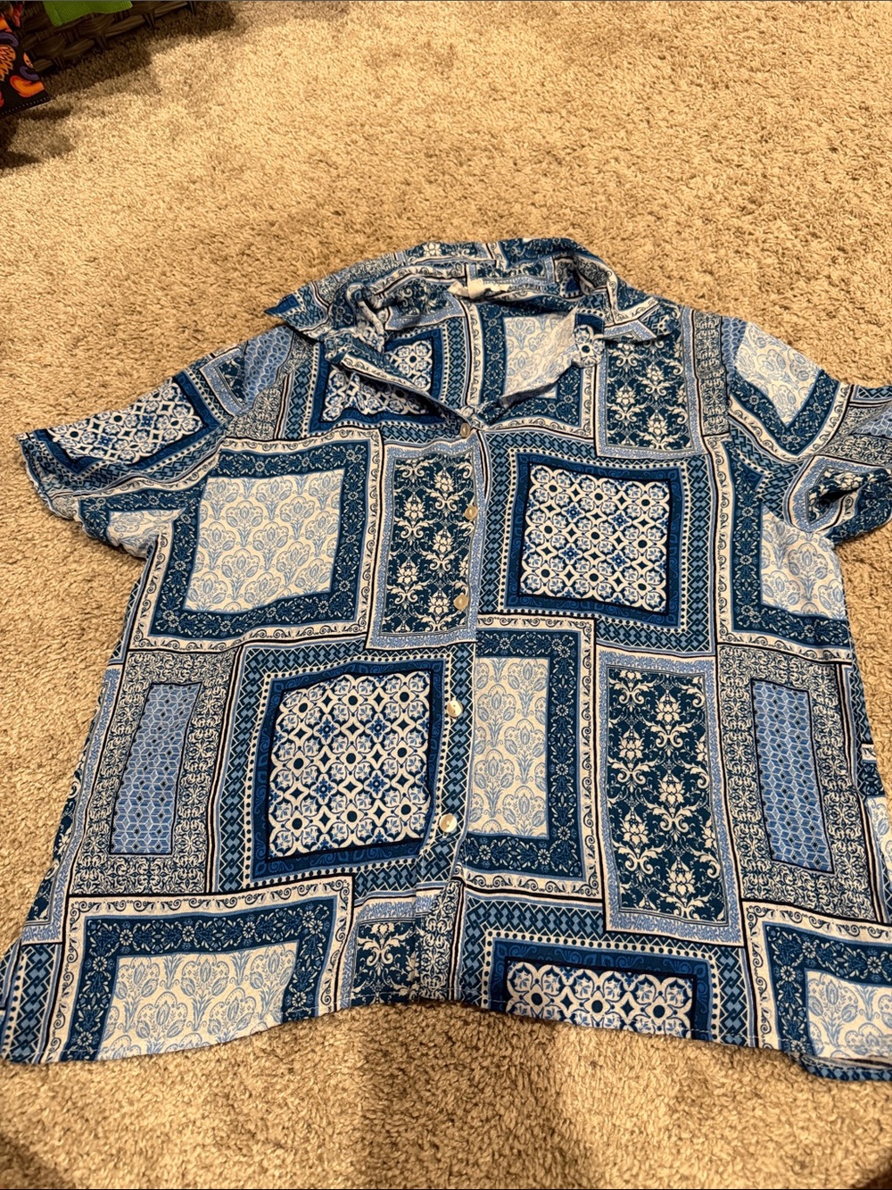 Jane and Delancey Blue Patchwork Print Short Sleeve Button Front Top